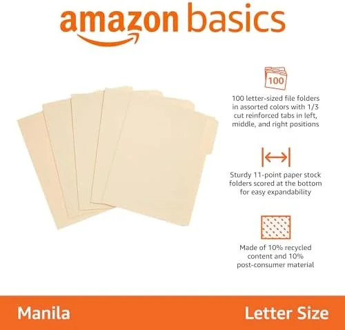 Amazon Basics Sturdy File Folders with Reinforced Tabs for Filing and Organization - 1/3-Cut Tab, Assorted Positions, Letter Size, 8.5x11 inches