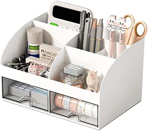 COMFYROOM Desk Organizer with 6 Compartments and 2 Drawers, Plastic Makeup Organizer, Pen Holder for Desktop Storage, Desk Organization for School