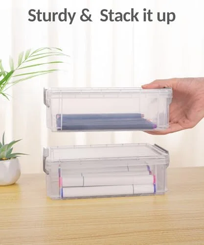 Sooez 6 Pack Extra Large Pencil Box, Plastic Pencil Case Crayon Box, Clear Marker Organizer Plastic Containers with Lid, Stackable Storage Boxes for