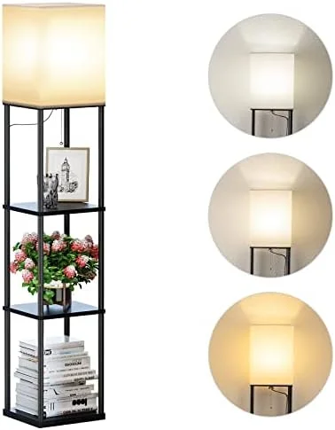 SUNMORY Floor Lamp with Shelves, Modern Square Standing Lamp with 3 Color Temperature Bulb, Corner Display Bookshelf Lamp for Living Room and