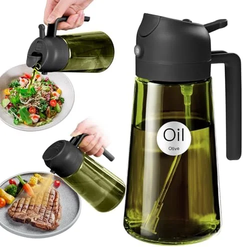 YARRAMATE 16oz/470ml Light-Blocking Dark Oil Sprayer for Cooking, 2 in 1 Olive Oil Dispenser Bottle for Kitchen, Premium Dark Green Glass Oil Bottle