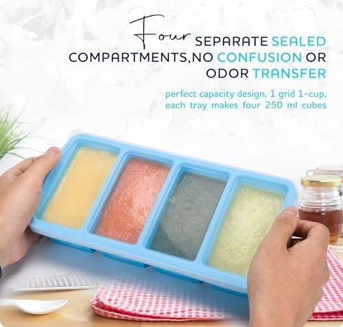 ZIP STANDING Silicone Freezer Trays with Lid, 1-cup Soup Freezer Container large Ice Cube Molds with Reinforced Steel Ring Top for freezing Soup