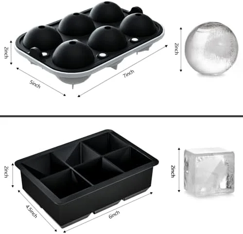 ROTTAY Ice Cube Trays (Set of 2) - Sphere Ice Ball Maker with Lid & Large Square Ice Cube Maker for Whiskey, Cocktails and Homemade, Keep Drinks