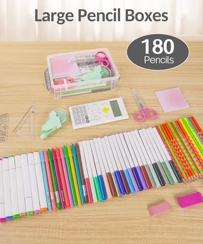 Sooez 6 Pack Extra Large Pencil Box, Plastic Pencil Case Crayon Box, Clear Marker Organizer Plastic Containers with Lid, Stackable Storage Boxes for