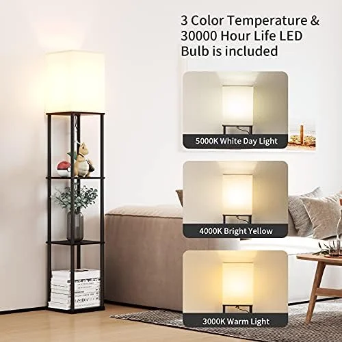 SUNMORY Floor Lamp with Shelves, Modern Square Standing Lamp with 3 Color Temperature Bulb, Corner Display Bookshelf Lamp for Living Room and