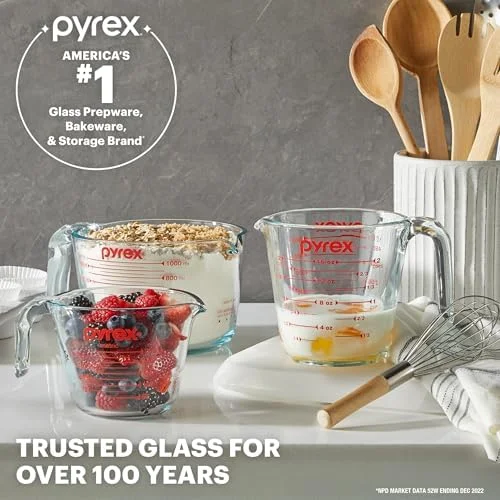 Pyrex Essentials (3-Pack) Glass Measuring Cups Set - (1, 2 & 4 Cup) Measuring Cups For Prepping, Baking and Cooking, Preheated Oven, Dishwasher