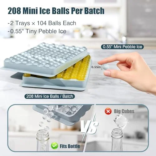 WIBIMEN Mini Ice Cube Trays, 0.55” Tiny Pebble Ice for Iced Coffee & Cocktails, Fast Chill, Easy Twist Release, Stackable with Lid & Storage Bin (2