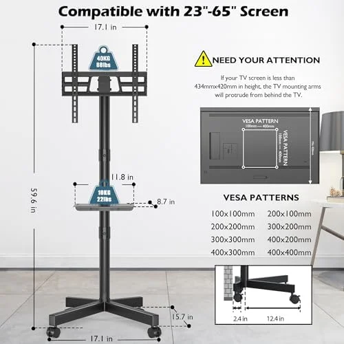 BONTEC Rolling TV Stand with Tilt, Mobile TV Stand Wheels for 23–65 Inch LED LCD TVs, Portable TV Cart with Adjustable Shelf for Living Room