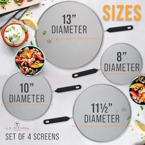 U.S. Kitchen Supply 4-Piece Stainless Steel Splatter Guard Set (13" - 11.5", 10", 8”) Fine Mesh Cover, Grease & Oil, Splatter Screen for Frying Pan