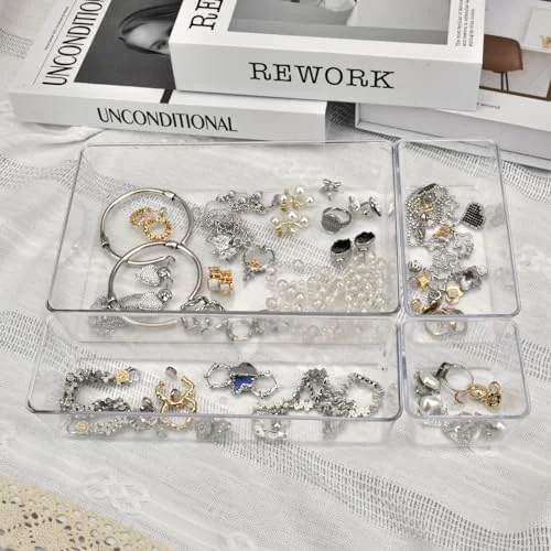 Manalete Drawer Organizers Set of 15, 4 Sizes Clear Plastic Drawer Organizers and Storage Bins for Kitchen, Bathroom, Office, Dresser Desk Drawer