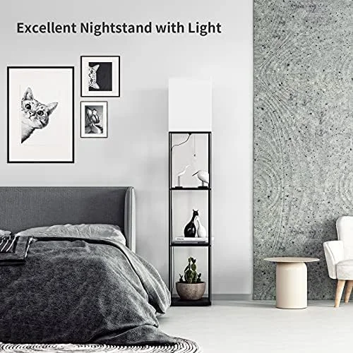 SUNMORY Floor Lamp with Shelves, Modern Square Standing Lamp with 3 Color Temperature Bulb, Corner Display Bookshelf Lamp for Living Room and