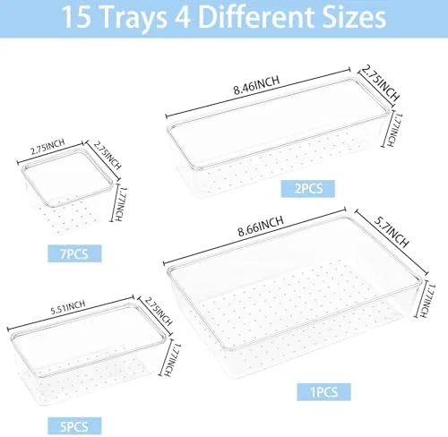 Manalete Drawer Organizers Set of 15, 4 Sizes Clear Plastic Drawer Organizers and Storage Bins for Kitchen, Bathroom, Office, Dresser Desk Drawer