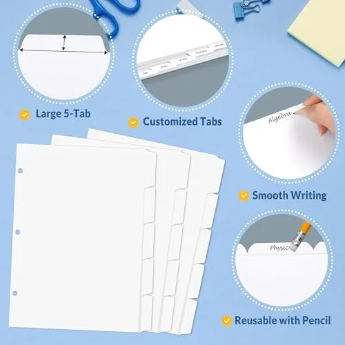 SUNEE Binder Dividers with Tabs for 3 Ring Binder, 8.5 x 11 Paper White Binder Dividers Blank with 5 Tabs, 20 Sets Page Dividers for School, Office