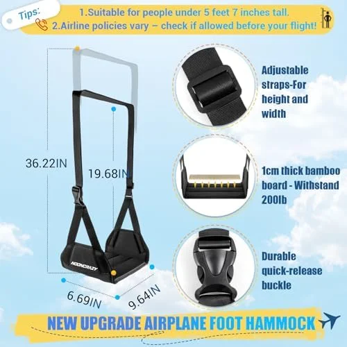 Airplane Foot Hammock - No Collapse Foot Rest for Plane Travel with Extended Adjustment Strap, Portable Desk Foot Hammock with Thickened Foam, Foot