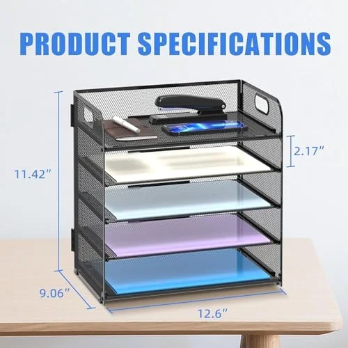 Supeasy 5 Trays Paper Organizer Letter Tray with Handle-Mesh Desk File Holders - Paper Sorter Desk Organizer for Office, Home, Classroom or School