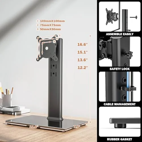 Single LCD Computer Monitor Free-Standing Desk Stand Mount Riser for 13 inch to 32 inch screen with Swivel, Height Adjustable, Rotation, Vesa Base