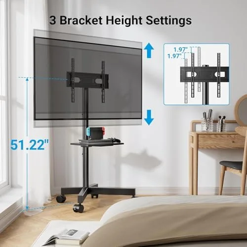 PERLESMITH Rolling TV Stand, Mobile TV Stand for 23-60 Inch LCD LED TVs, Tilt TV Stand Wheels Holds up to 88Lbs, Portable TV Stand for Bedroom with
