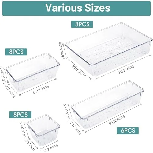 WOWBOX 25 PCS Clear Plastic Drawer Organizer Set, 4 Sizes Desk Drawer Divider Organizers and Storage Bins for Makeup, Jewelry, Gadgets for Kitchen