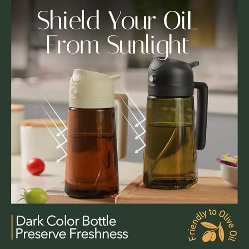 YARRAMATE 16oz/470ml Light-Blocking Dark Oil Sprayer for Cooking, 2 in 1 Olive Oil Dispenser Bottle for Kitchen, Premium Dark Green Glass Oil Bottle