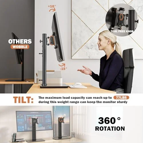 Single LCD Computer Monitor Free-Standing Desk Stand Mount Riser for 13 inch to 32 inch screen with Swivel, Height Adjustable, Rotation, Vesa Base