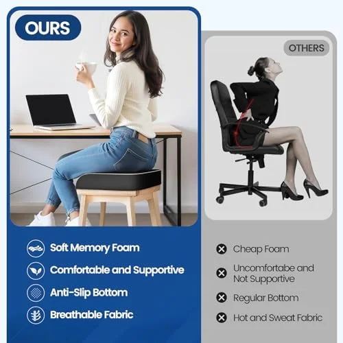 SweetSlubr Seat Cushion for Tailbone Pain Relief, Office Chair Cushion, Memory Foam Large Cushion with Non-Slip Cover for Soft Support at Office