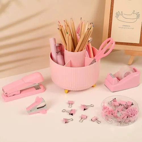 SKYDUE Pink Desk Accessories 10Pcs, Rotating Pen Holder for Desk, Stapler, Staple Remover, Tape Dispenser, 2pcs Tape Refills, Binder Paper Clips Kit