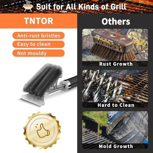 TNTOR Grill Brush with Scraper, 18" Adjustable Handle BBQ Grill Brush for Outdoor Grill, Extra Strong Grill Cleaner Accessories for