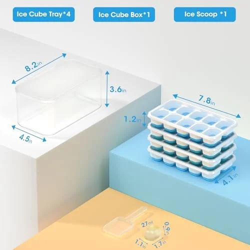 DOQAUS Ice Cube Tray with Lid and Bin - 4 Pack Silicone Ice Cube Trays for Freezer - Stackable Ice Bucket Kits with Storage Container & Scoop for