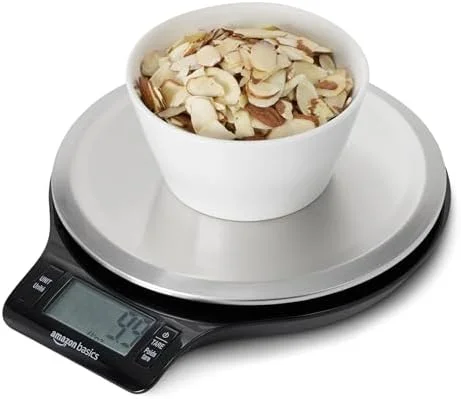 Amazon Basics Digital Kitchen Scale with LCD Display, Tare Function, Multiple Units, Weighs up to 11 Pounds, Batteries Included, Black and Stainless