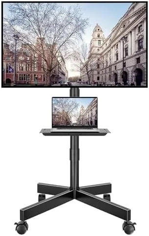 BONTEC Rolling TV Stand with Tilt, Mobile TV Stand Wheels for 23–65 Inch LED LCD TVs, Portable TV Cart with Adjustable Shelf for Living Room