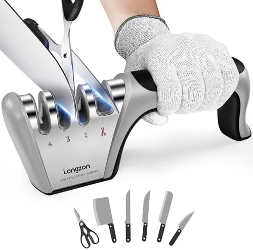 Longzon 5-in-1 Knife Sharpener 4 Stage with Cut-Resistant Glove, Quickly Sharpens & Restores Dull Blades, Easy & Safe for Home Kitchen Use, Fits Most