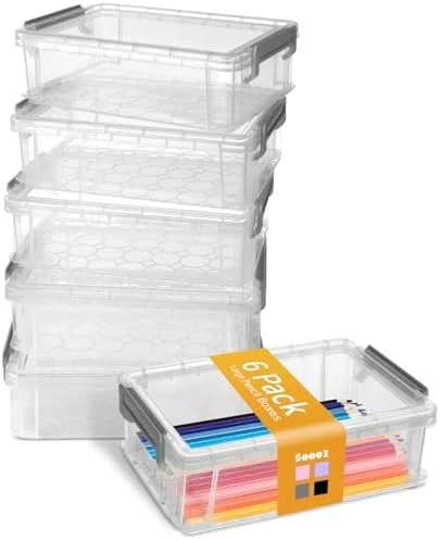 Sooez 6 Pack Extra Large Pencil Box, Plastic Pencil Case Crayon Box, Clear Marker Organizer Plastic Containers with Lid, Stackable Storage Boxes for