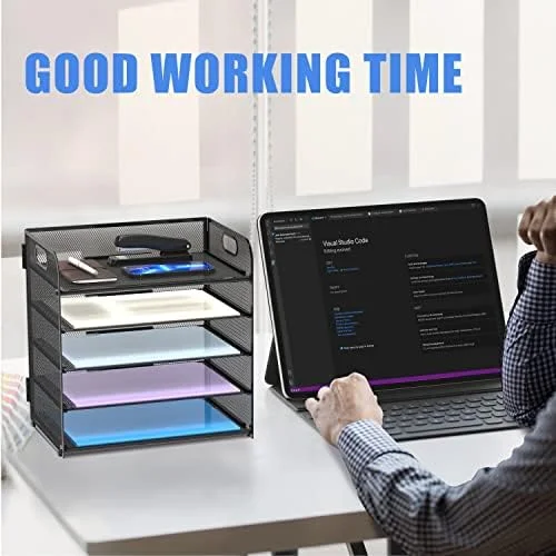 Supeasy 5 Trays Paper Organizer Letter Tray with Handle-Mesh Desk File Holders - Paper Sorter Desk Organizer for Office, Home, Classroom or School