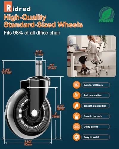 RidRed Office Chair Wheels - Replacement Rubber Wheels - Universal Fit 3 Inch Casters, Heavy-Duty Chair Casters, Noise Free, Fits 98% Chair, for All