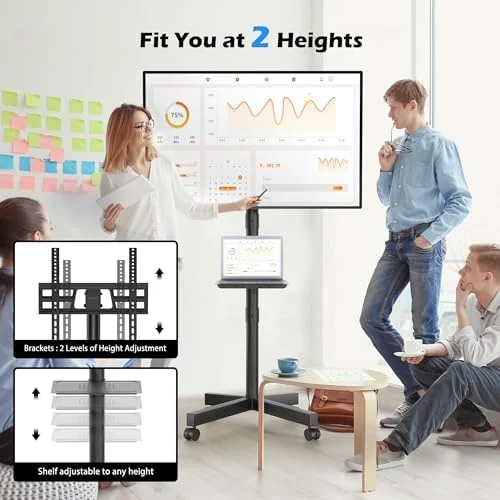BONTEC Rolling TV Stand with Tilt, Mobile TV Stand Wheels for 23–65 Inch LED LCD TVs, Portable TV Cart with Adjustable Shelf for Living Room