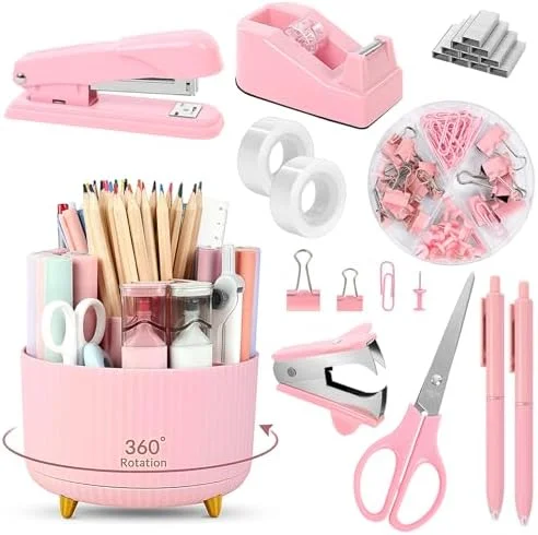 SKYDUE Pink Desk Accessories 10Pcs, Rotating Pen Holder for Desk, Stapler, Staple Remover, Tape Dispenser, 2pcs Tape Refills, Binder Paper Clips Kit