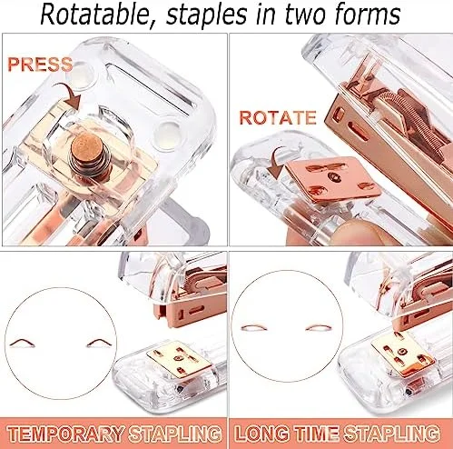 Famassi Rose Gold Desk Accessories，Office Supplies Set Acrylic Stapler Set Staple Remover - Tape Holder, 2 Ballpoint Pen, Scissor, Binder/Paper Clips