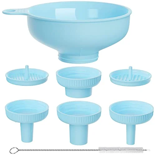 Pisol Wide Mouth Versatile Funnel, Canning Funnels for Kitchen Use, Food Grade Plastic Cooking Funnel Set with 4 Size Spouts and 2 Strainers for