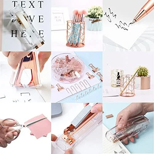 Famassi Rose Gold Desk Accessories，Office Supplies Set Acrylic Stapler Set Staple Remover - Tape Holder, 2 Ballpoint Pen, Scissor, Binder/Paper Clips