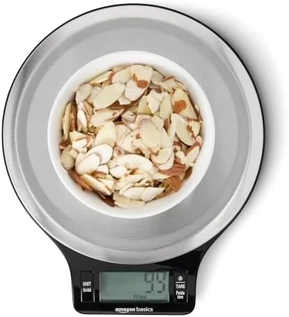 Amazon Basics Digital Kitchen Scale with LCD Display, Tare Function, Multiple Units, Weighs up to 11 Pounds, Batteries Included, Black and Stainless